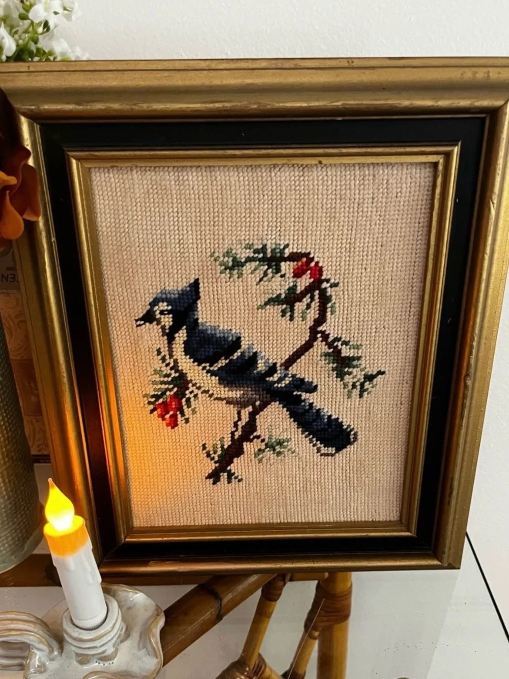 Handmade Blue Jay Cross Stitch Wall Art - Black and gold frame